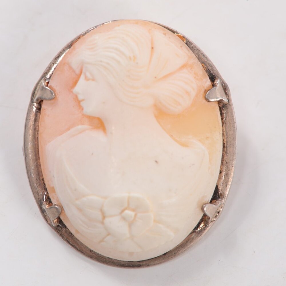 VICTORIAN Shell Carved Cameo STERLING - Womans Portrait - Brooch Pin